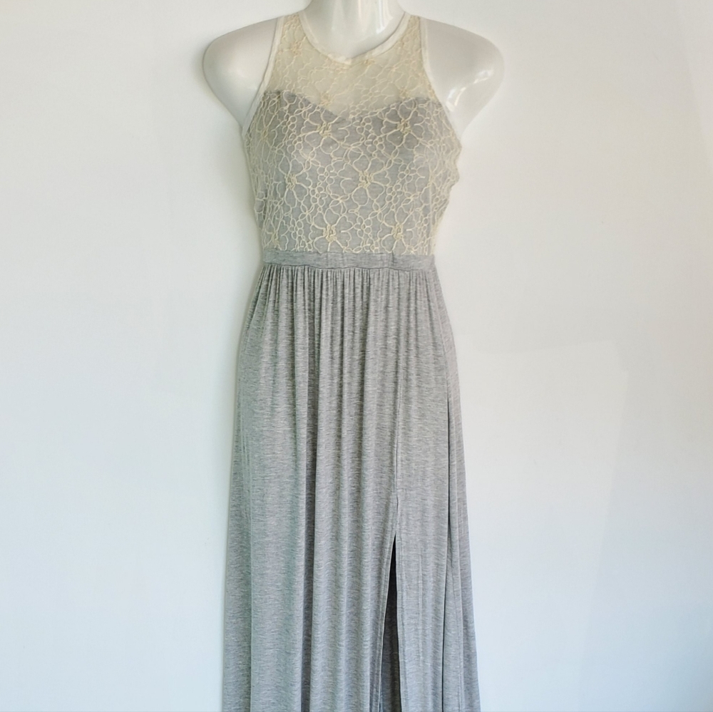 Splurge maxi dress with gray and beige flower lace with gold details